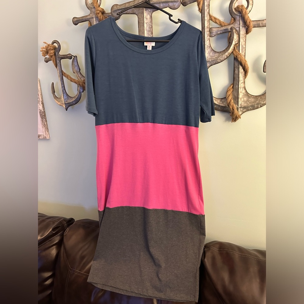 LuLaRoe Blue, Pink, Grey Retired Julia Dress Medium